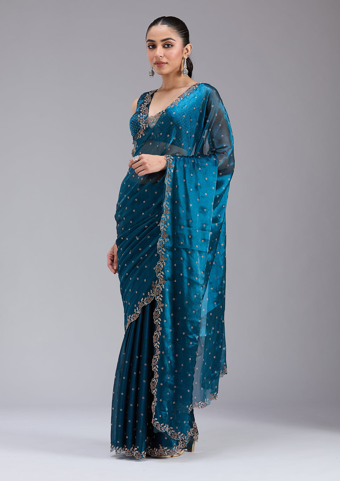 Peacock Blue Stonework (Gold) Tissue Saree