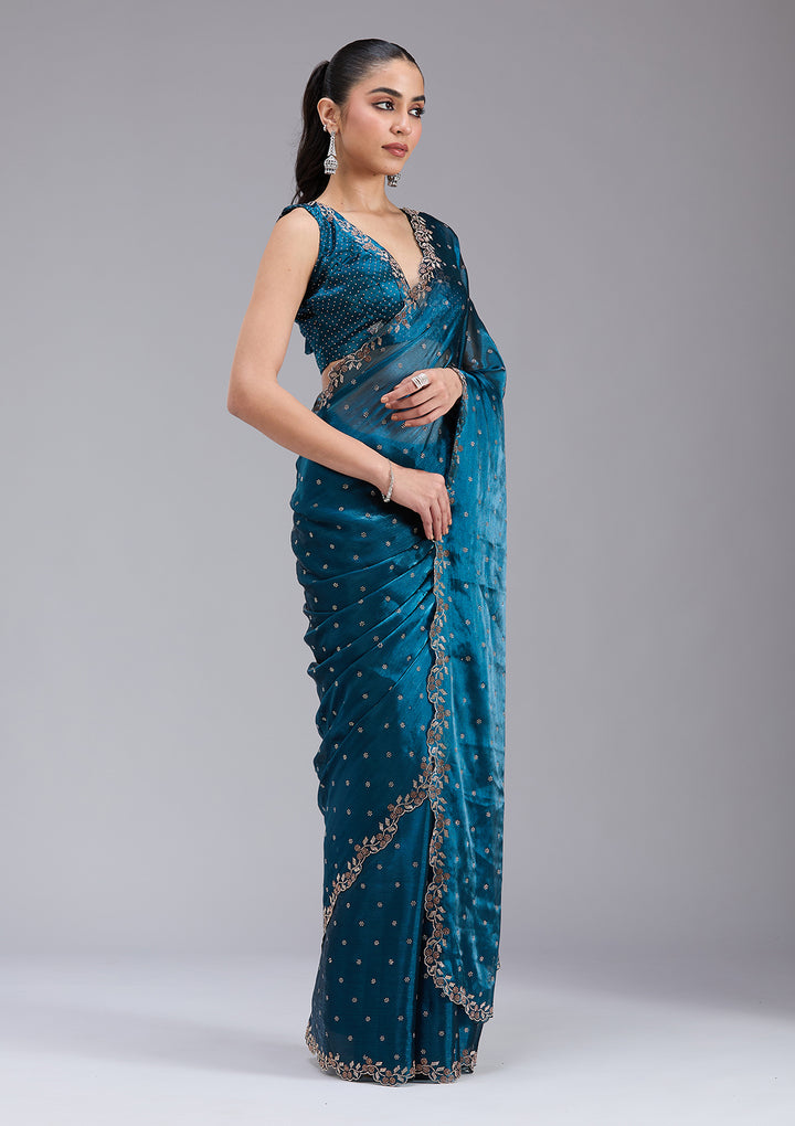 Peacock Blue Stonework (Gold) Tissue Saree