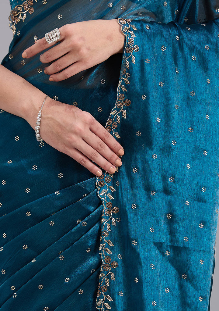 Peacock Blue Stonework (Gold) Tissue Saree