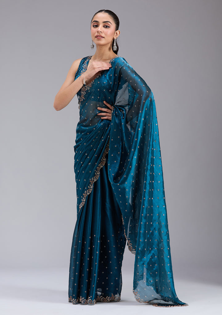 Peacock Blue Stonework (Gold) Tissue Saree