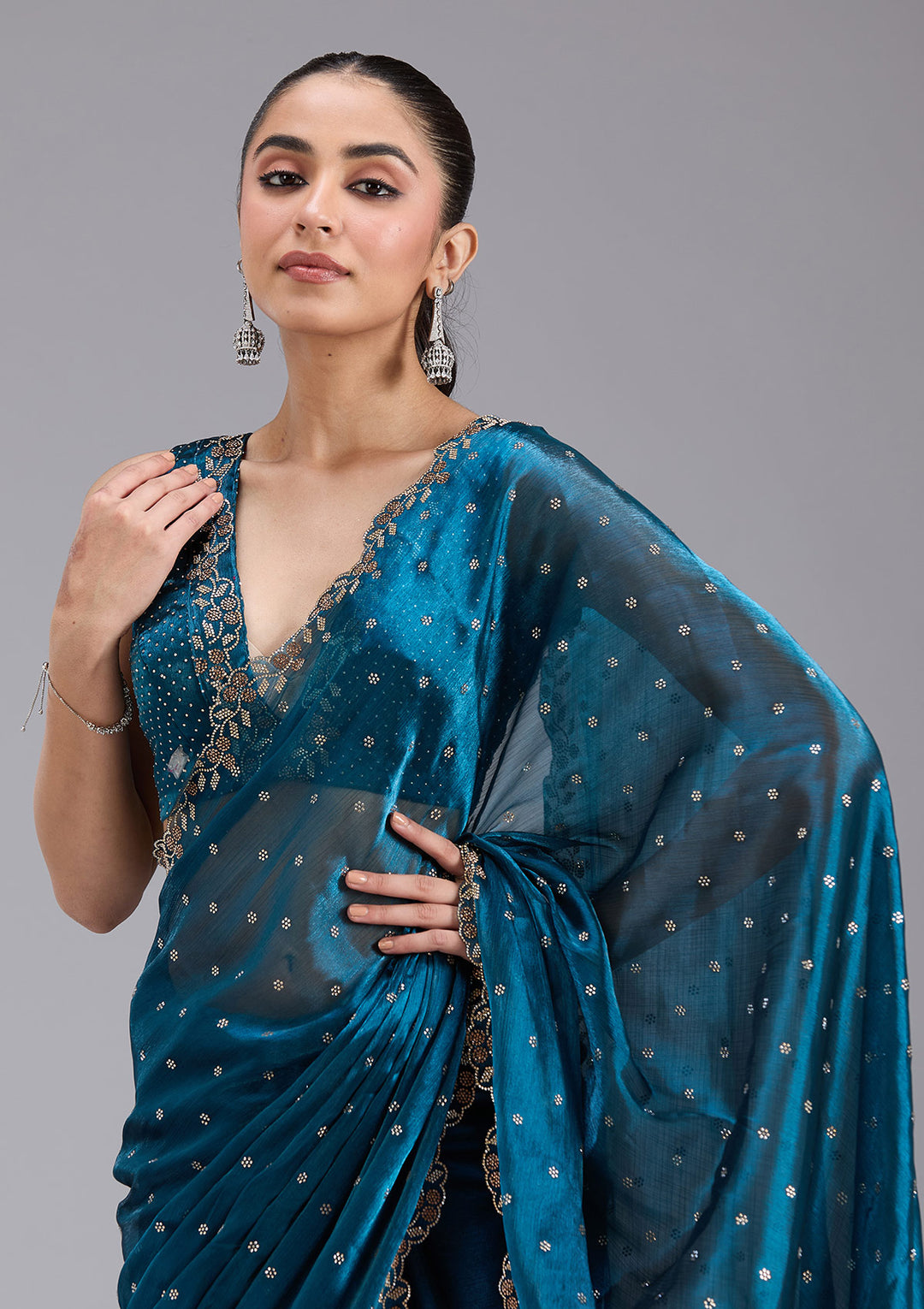 Peacock Blue Stonework (Gold) Tissue Saree