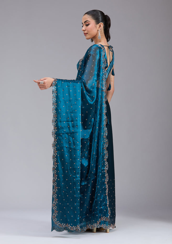 Peacock Blue Stonework (Gold) Tissue Saree