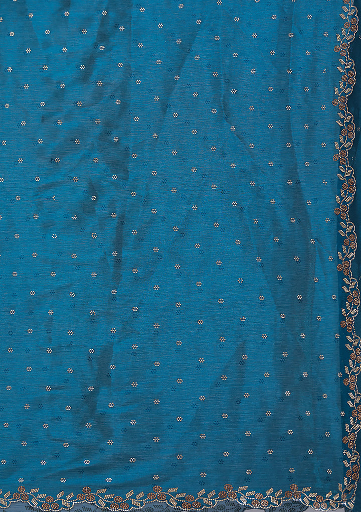 Peacock Blue Stonework (Gold) Tissue Saree