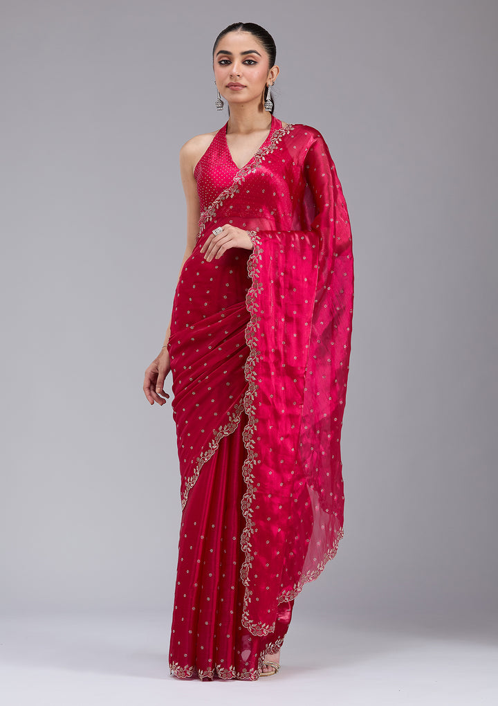 Rani Pink Stonework (Gold) Tissue Saree