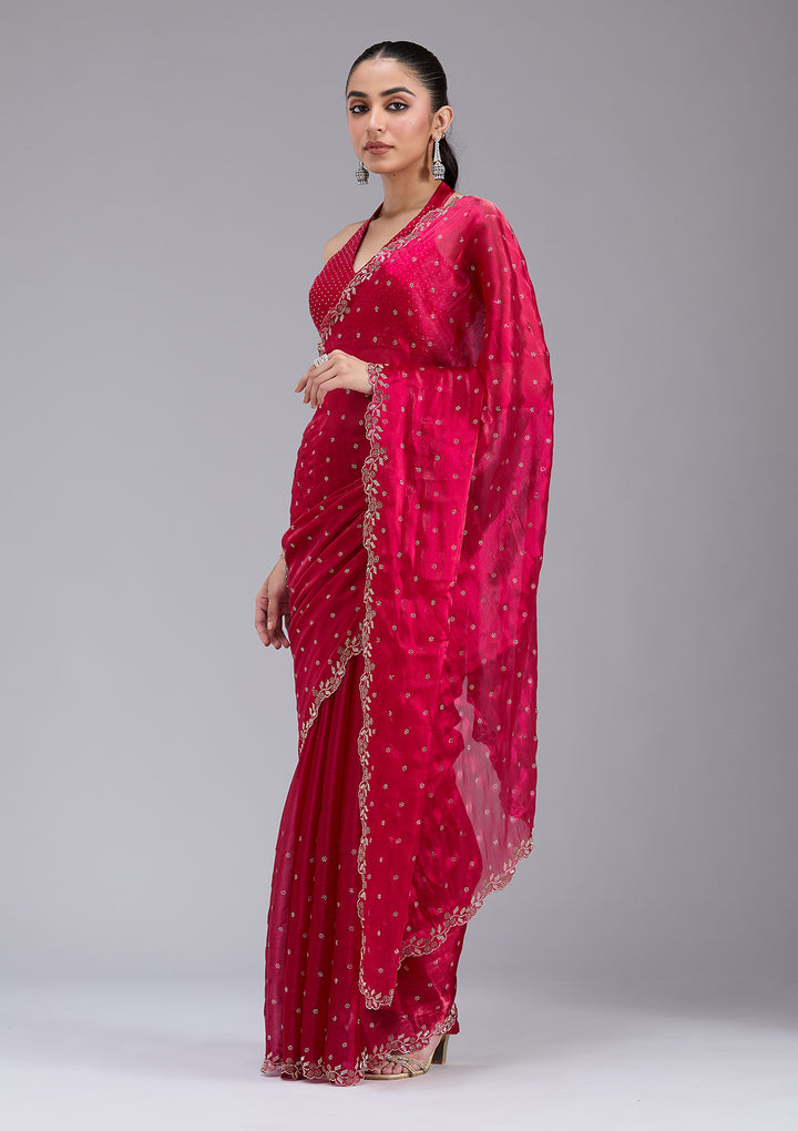 Rani Pink Stonework (Gold) Tissue Saree
