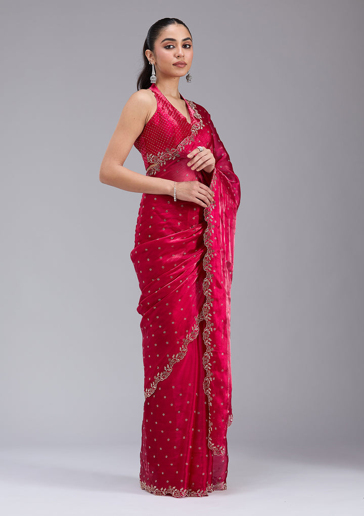 Rani Pink Stonework (Gold) Tissue Saree