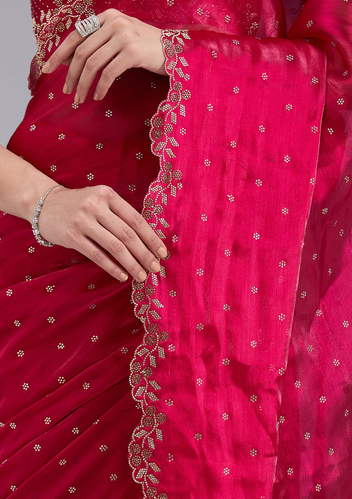 Rani Pink Stonework (Gold) Tissue Saree