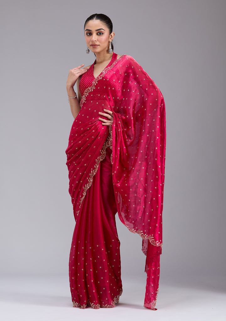 Rani Pink Stonework (Gold) Tissue Saree