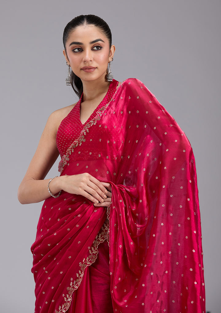 Rani Pink Stonework (Gold) Tissue Saree