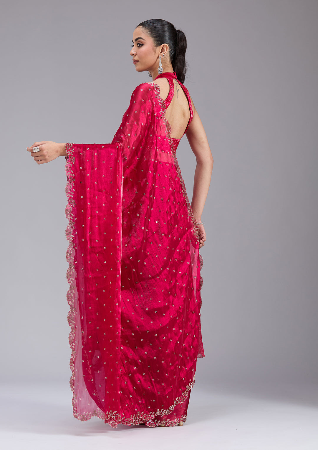 Rani Pink Stonework (Gold) Tissue Saree