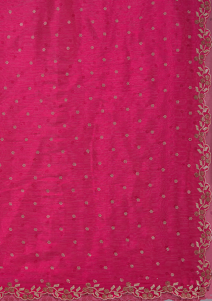 Rani Pink Stonework (Gold) Tissue Saree