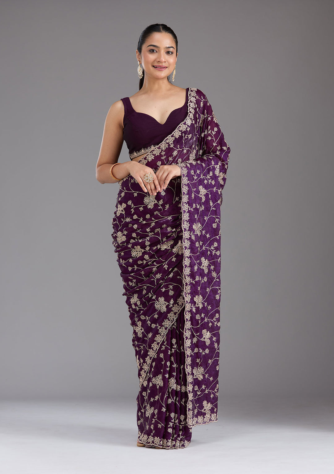 Purple Threadwork Tissue Saree