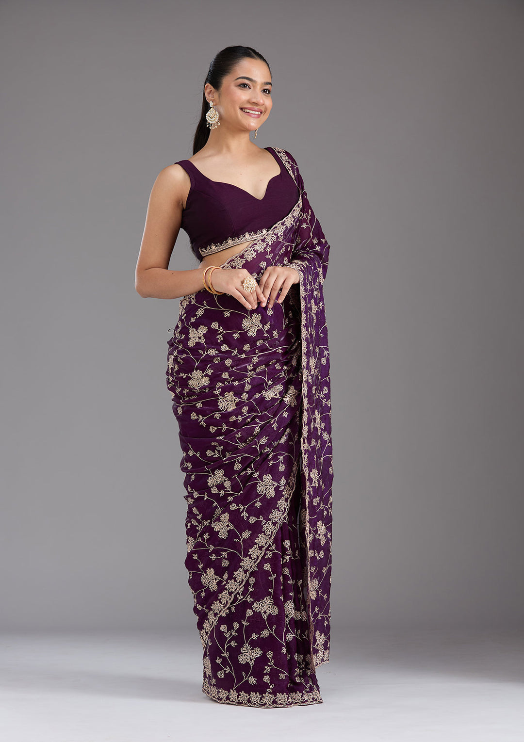 Purple Threadwork Tissue Saree