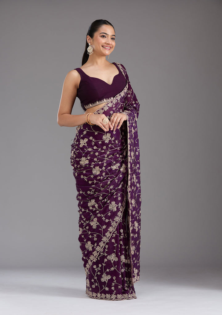 Purple Threadwork Tissue Saree