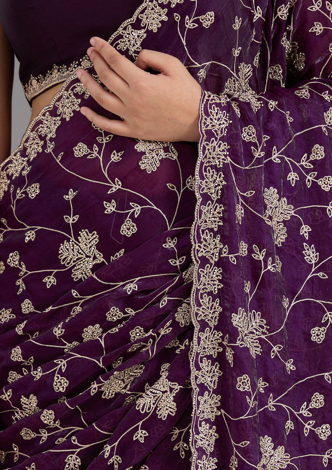 Purple Threadwork Tissue Saree