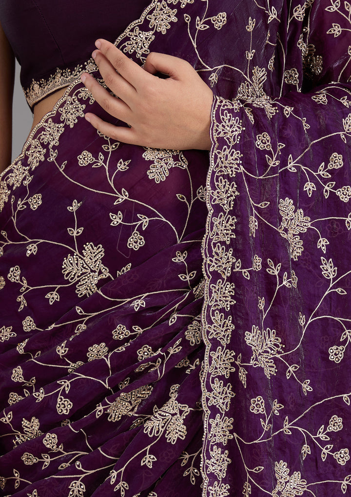 Purple Threadwork Tissue Saree