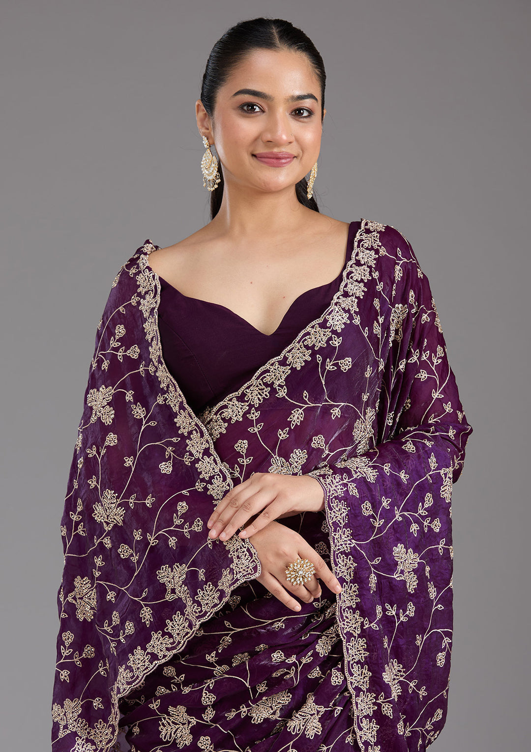 Purple Threadwork Tissue Saree