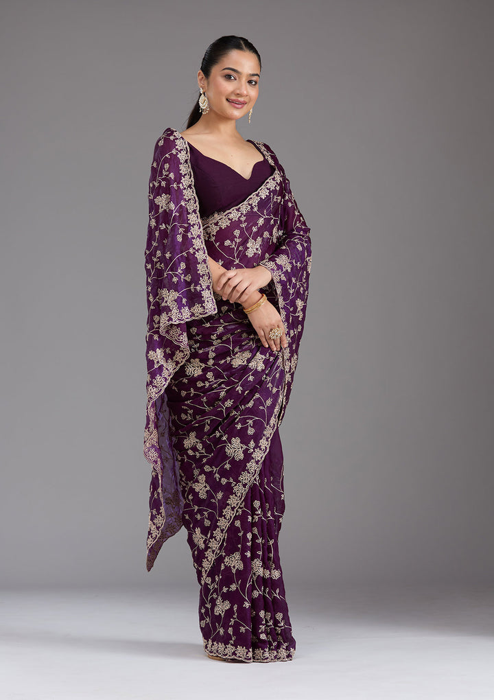Purple Threadwork Tissue Saree