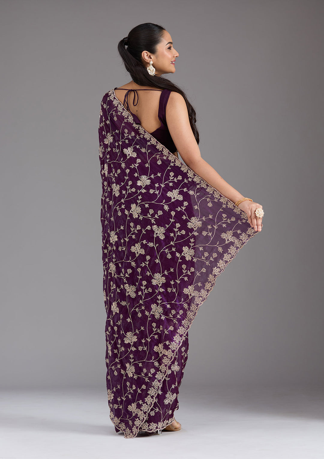 Purple Threadwork Tissue Saree