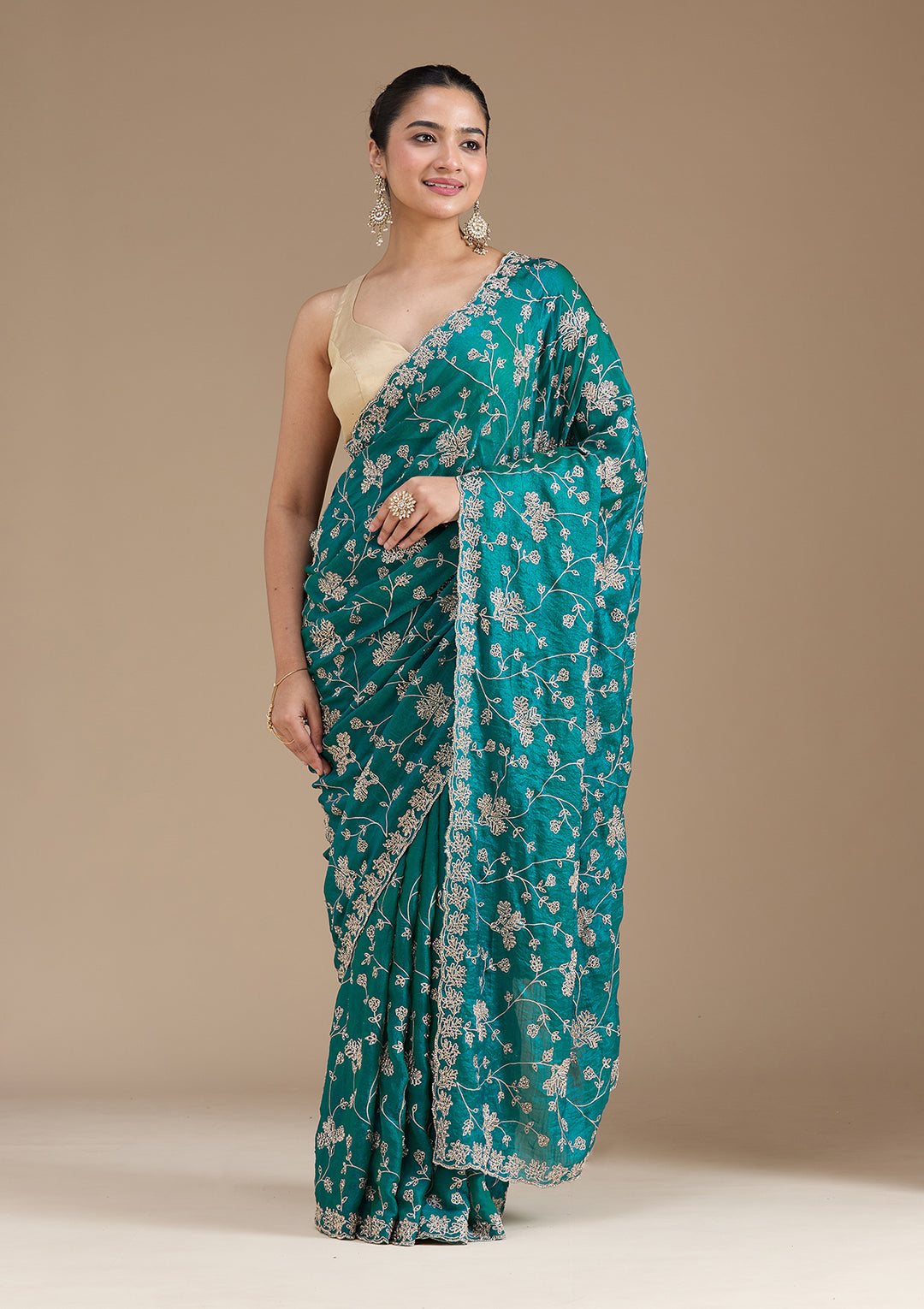 Rama Green Threadwork Tissue Saree