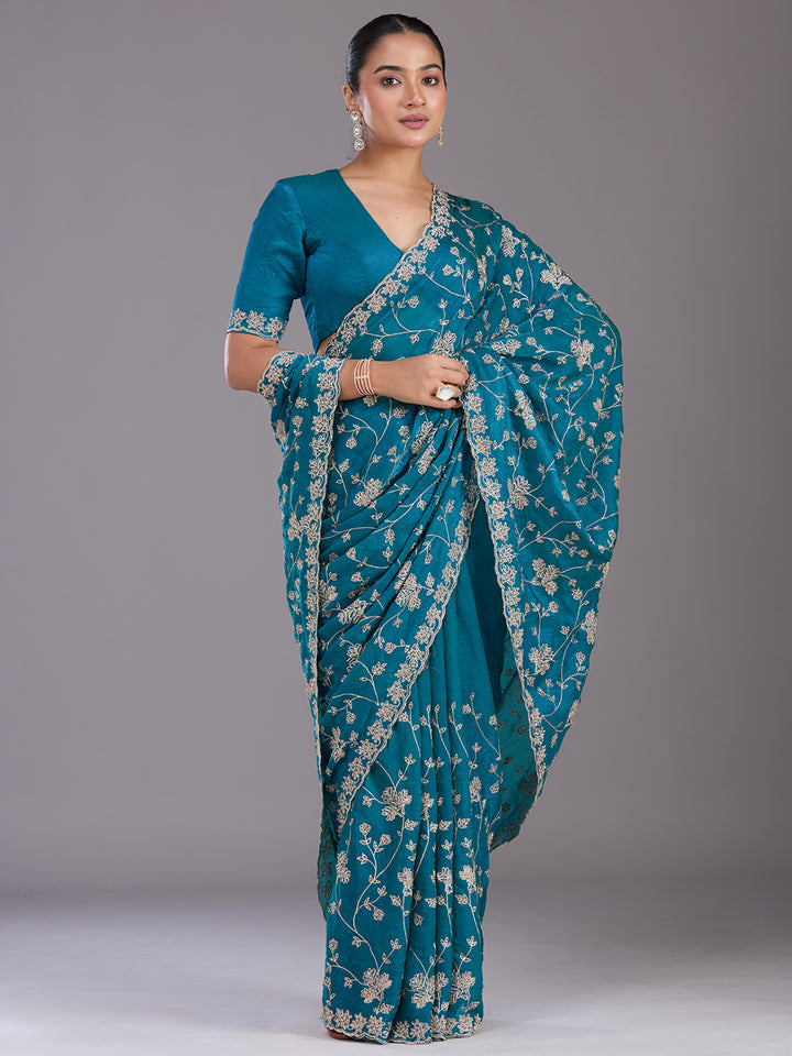 Rama Green Threadwork Tissue Saree