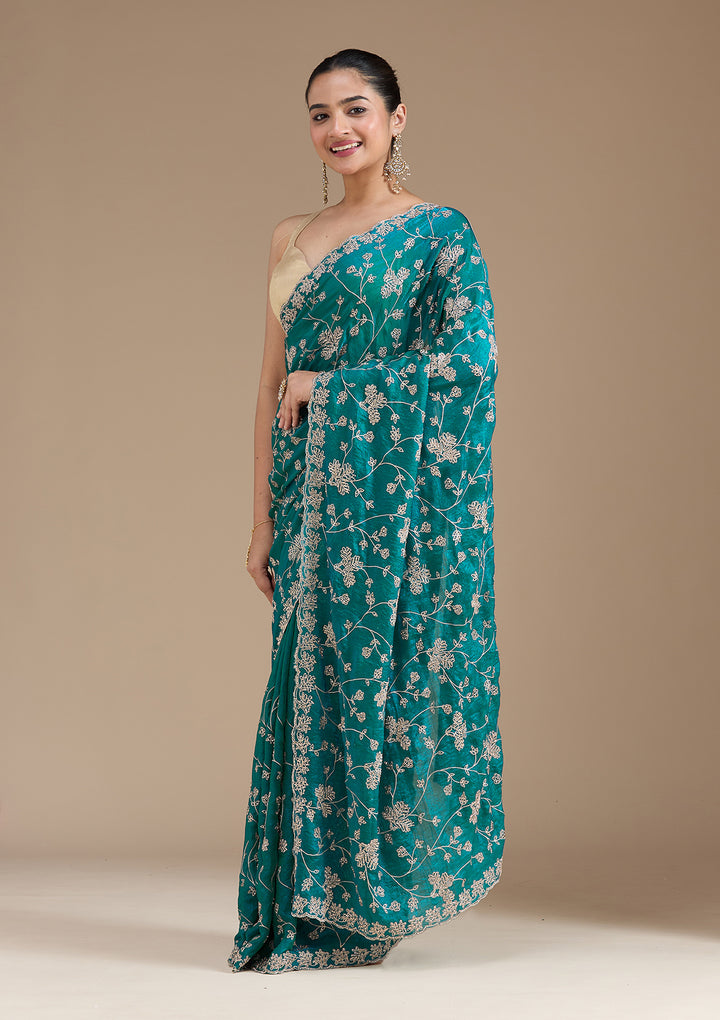 Rama Green Threadwork Tissue Saree