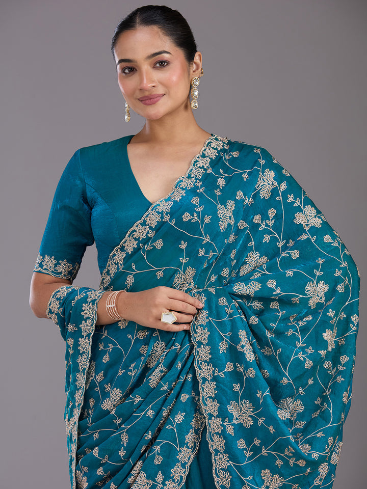 Rama Green Threadwork Tissue Saree