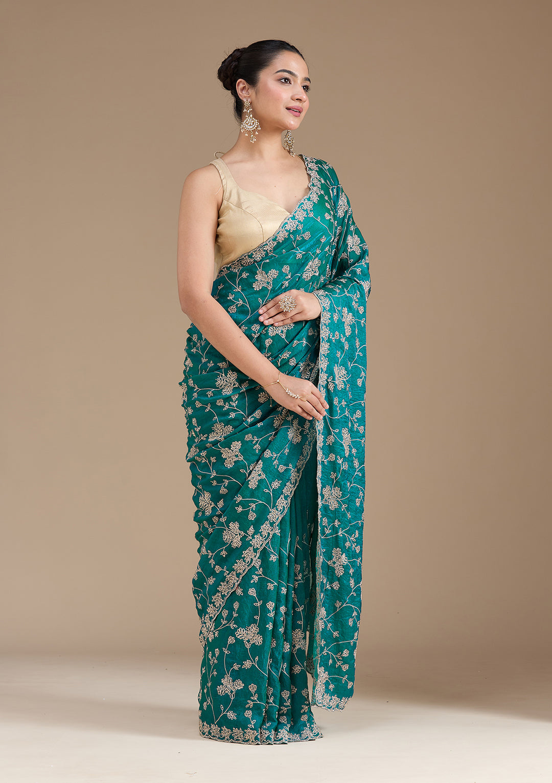 Rama Green Threadwork Tissue Saree