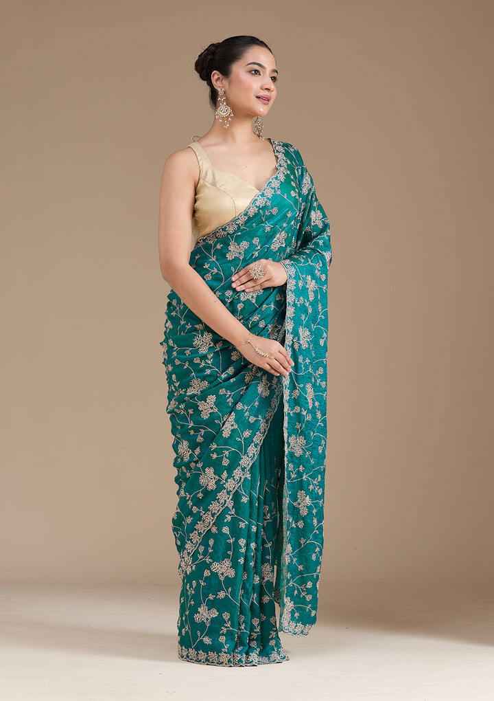Rama Green Threadwork Tissue Saree