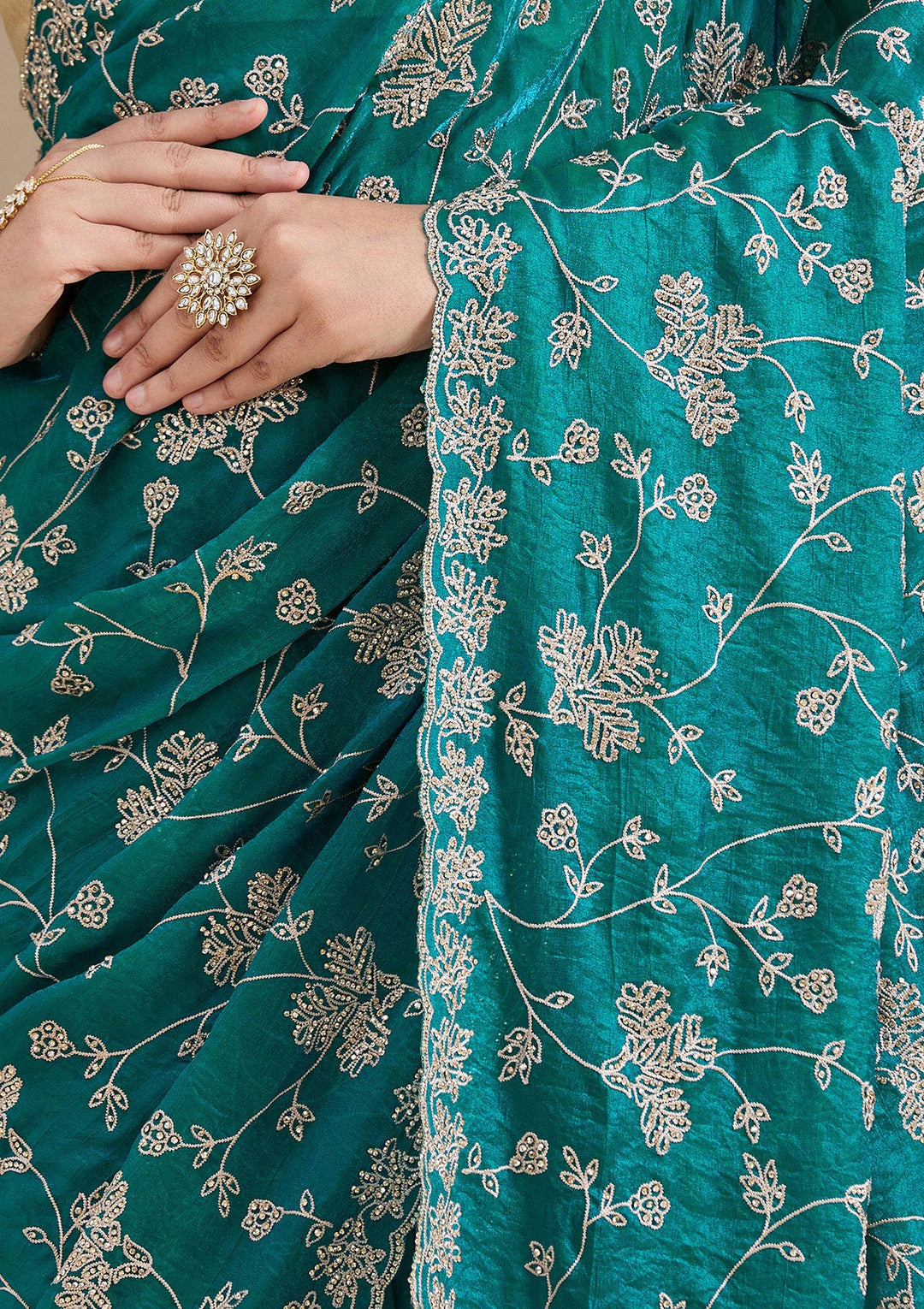 Rama Green Threadwork Tissue Saree