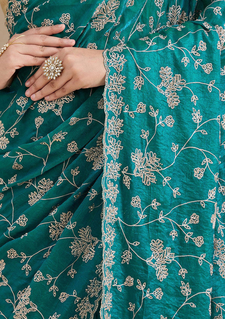 Rama Green Threadwork Tissue Saree