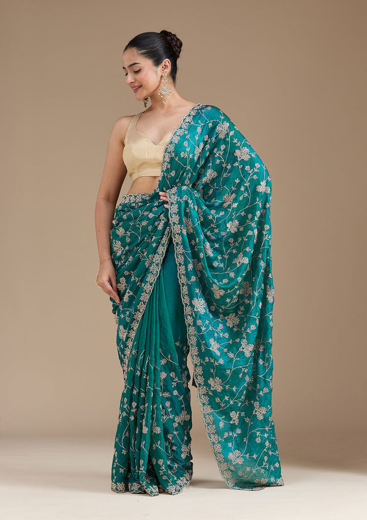 Rama Green Threadwork Tissue Saree