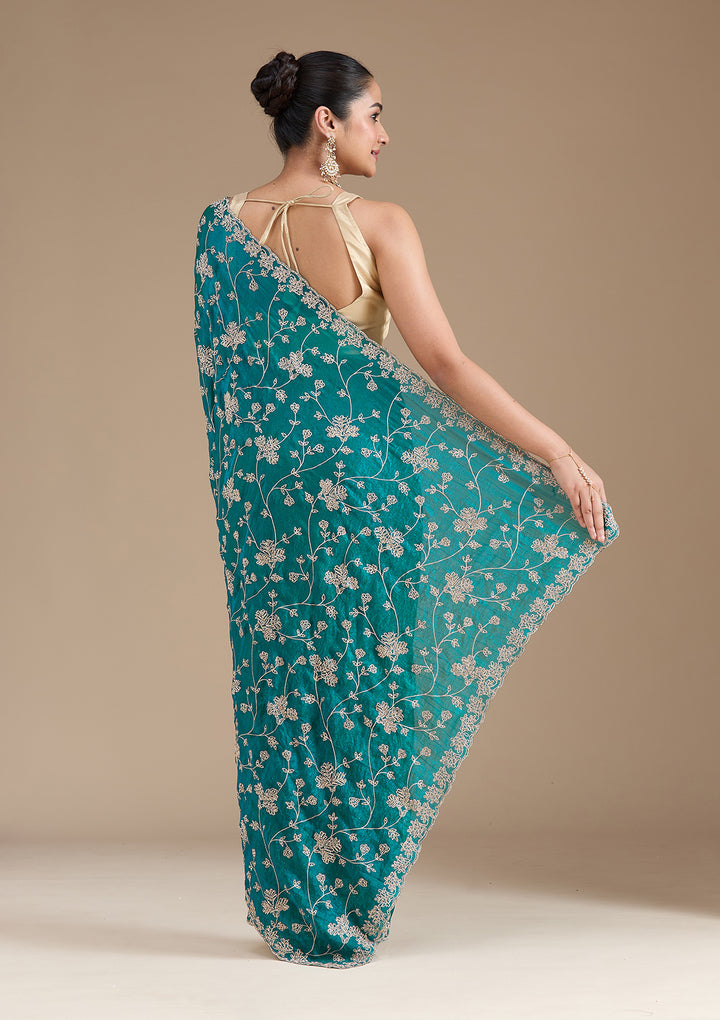 Rama Green Threadwork Tissue Saree