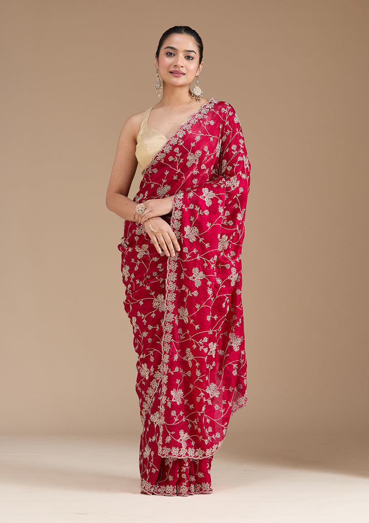 Rani Pink Threadwork Tissue Saree
