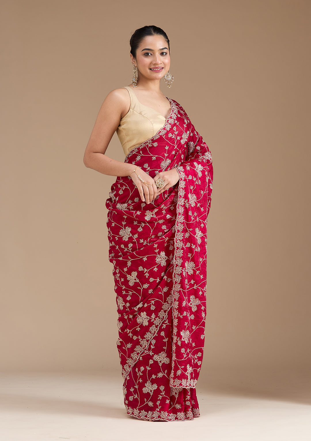 Rani Pink Threadwork Tissue Saree