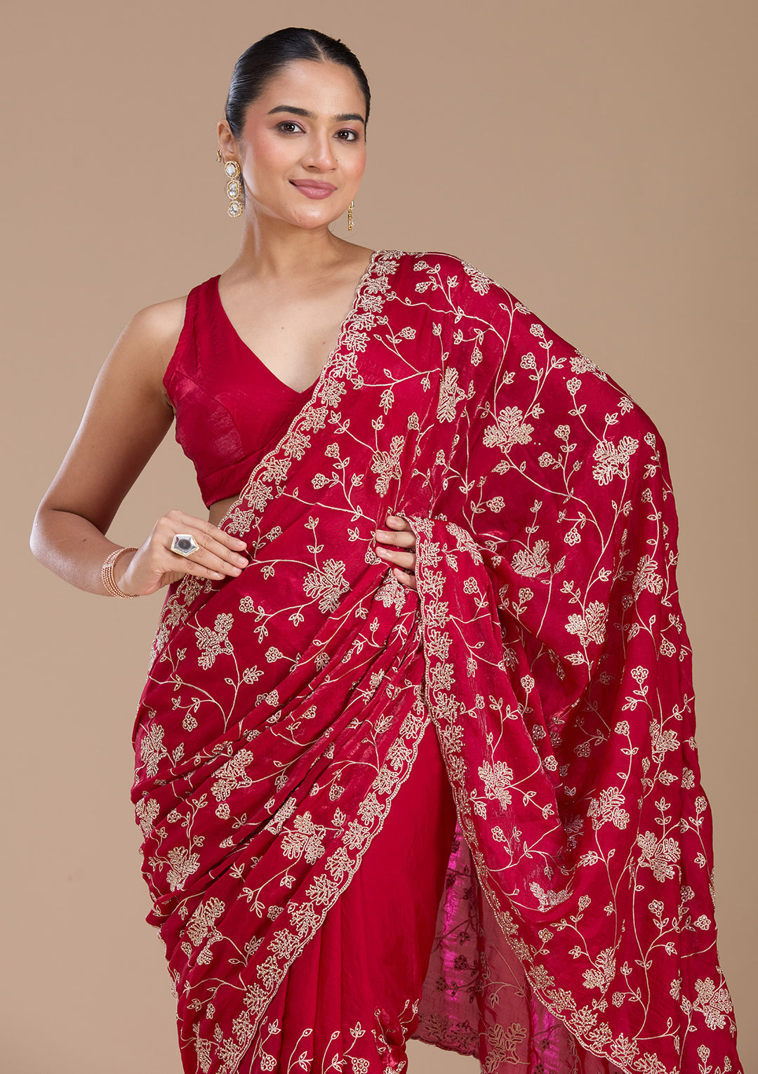 Rani Pink Threadwork Tissue Saree