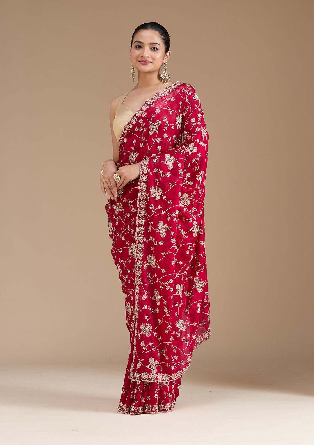 Rani Pink Threadwork Tissue Saree