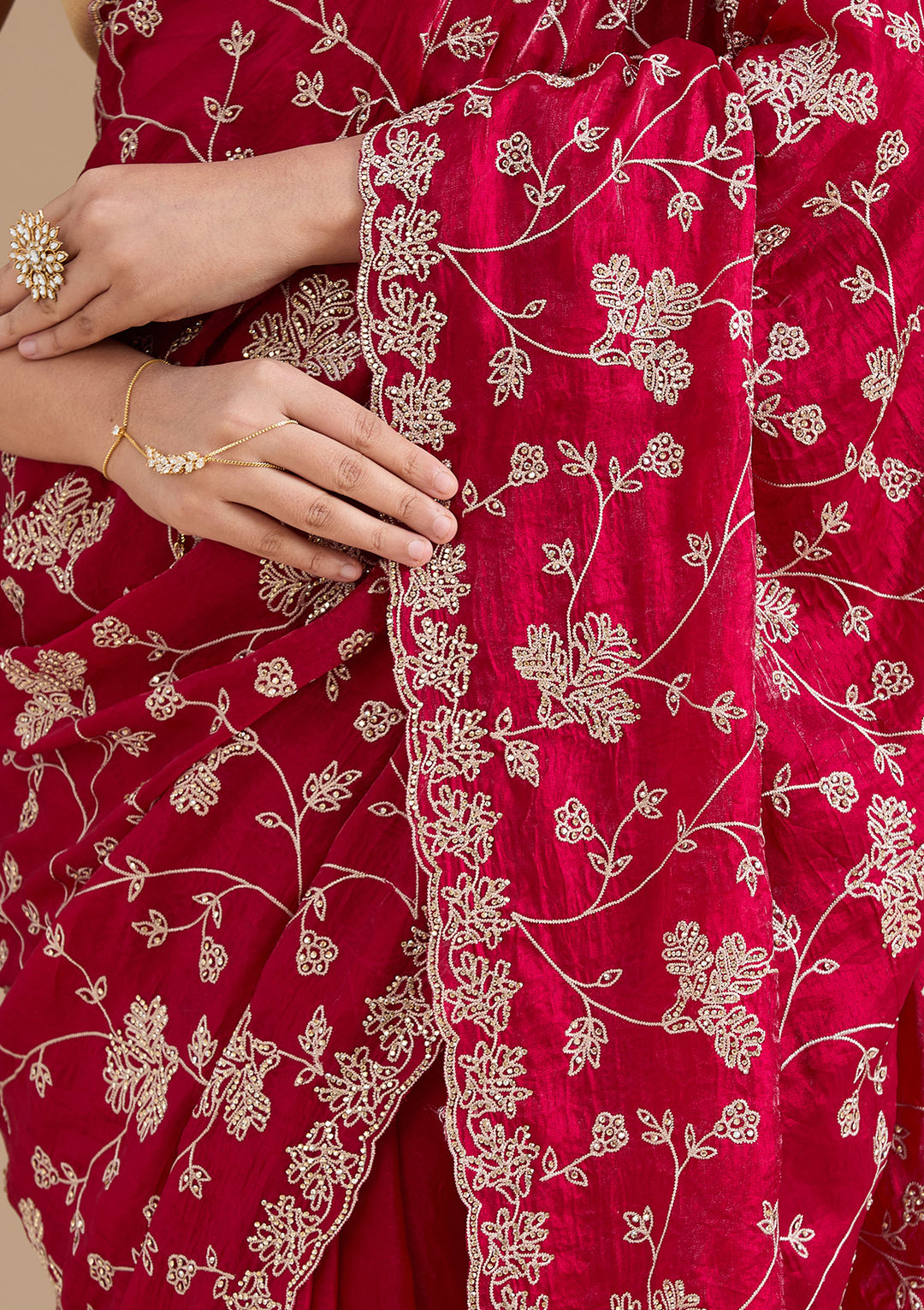 Rani Pink Threadwork Tissue Saree