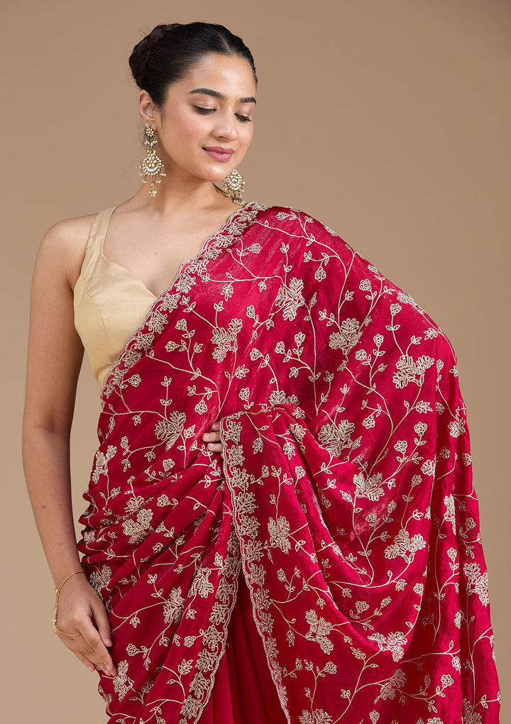 Rani Pink Threadwork Tissue Saree