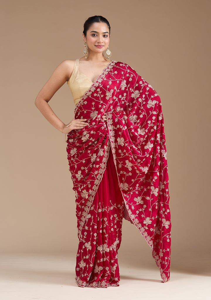 Rani Pink Threadwork Tissue Saree