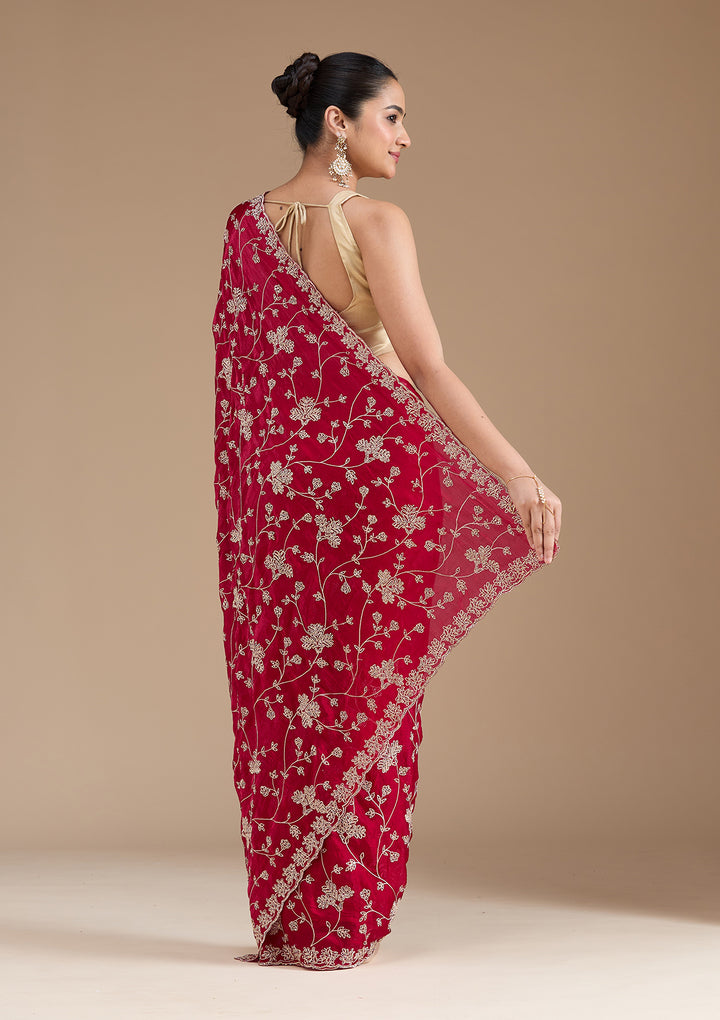 Rani Pink Threadwork Tissue Saree