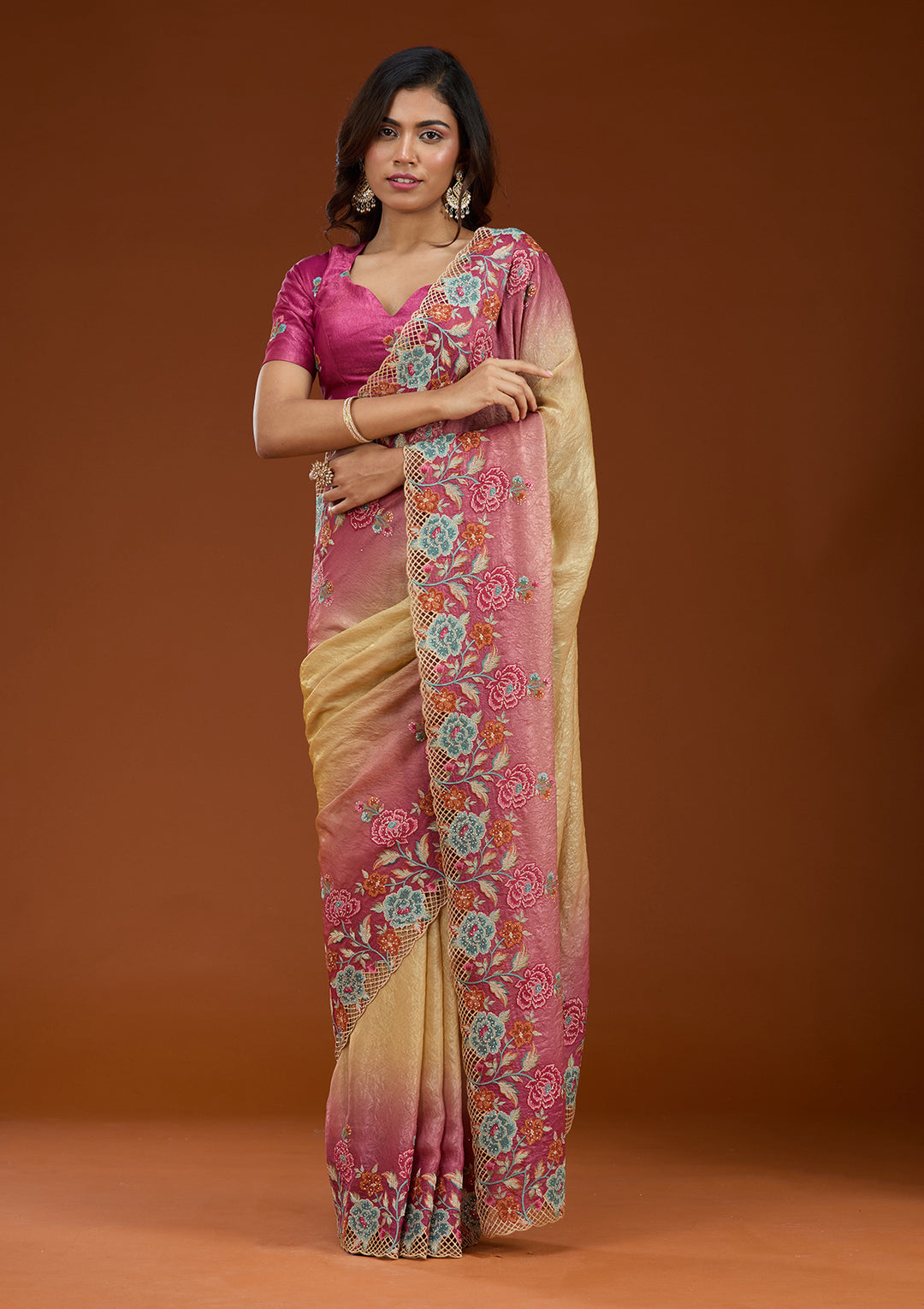 Magenta Pink Threadwork Tissue Saree