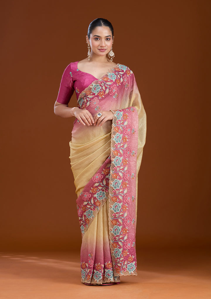 Magenta Pink Threadwork Tissue Saree