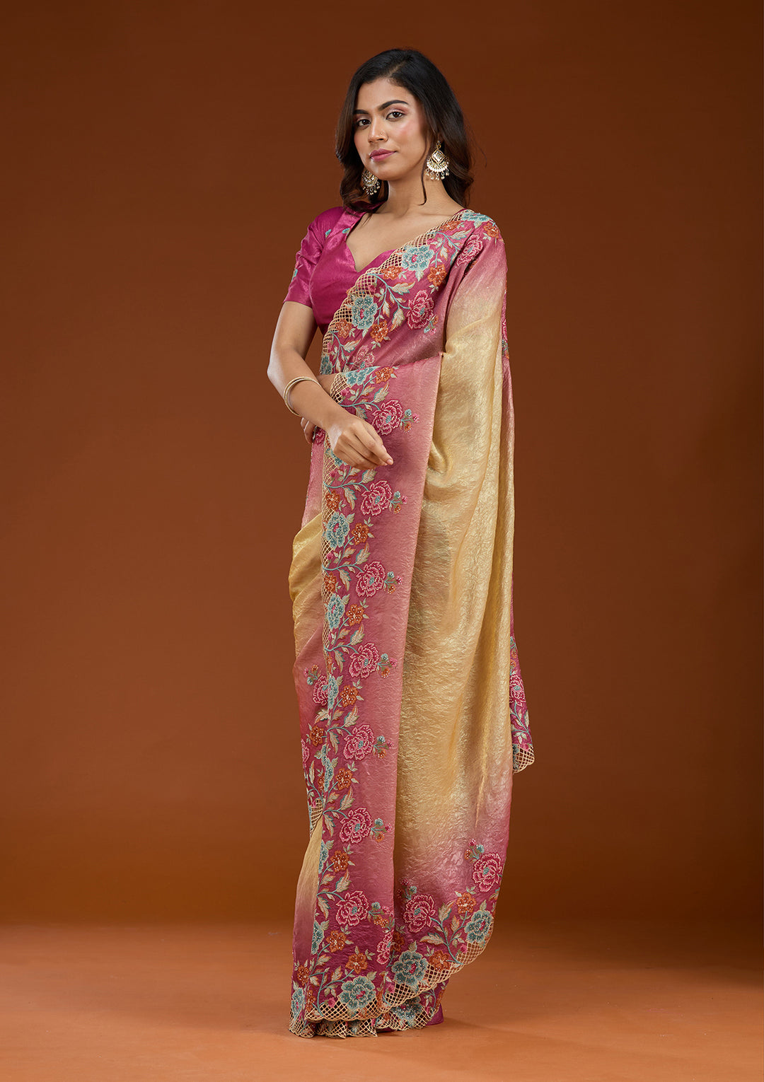 Magenta Pink Threadwork Tissue Saree