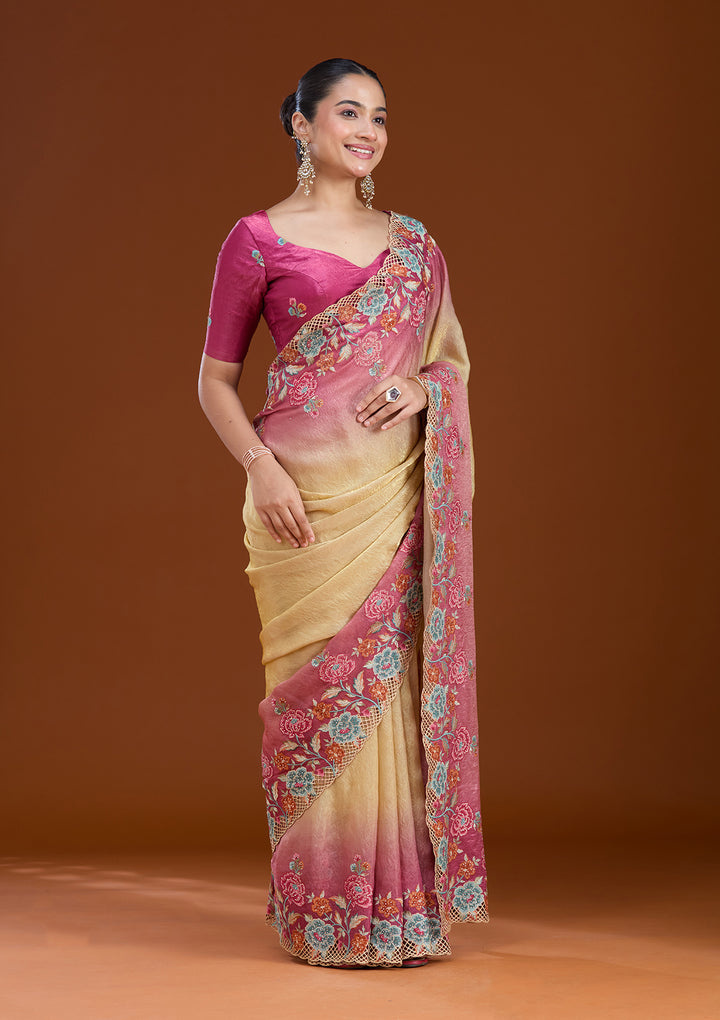 Magenta Pink Threadwork Tissue Saree