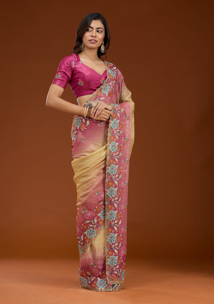Magenta Pink Threadwork Tissue Saree