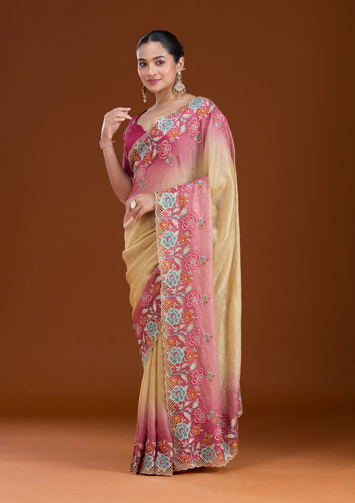 Magenta Pink Threadwork Tissue Saree