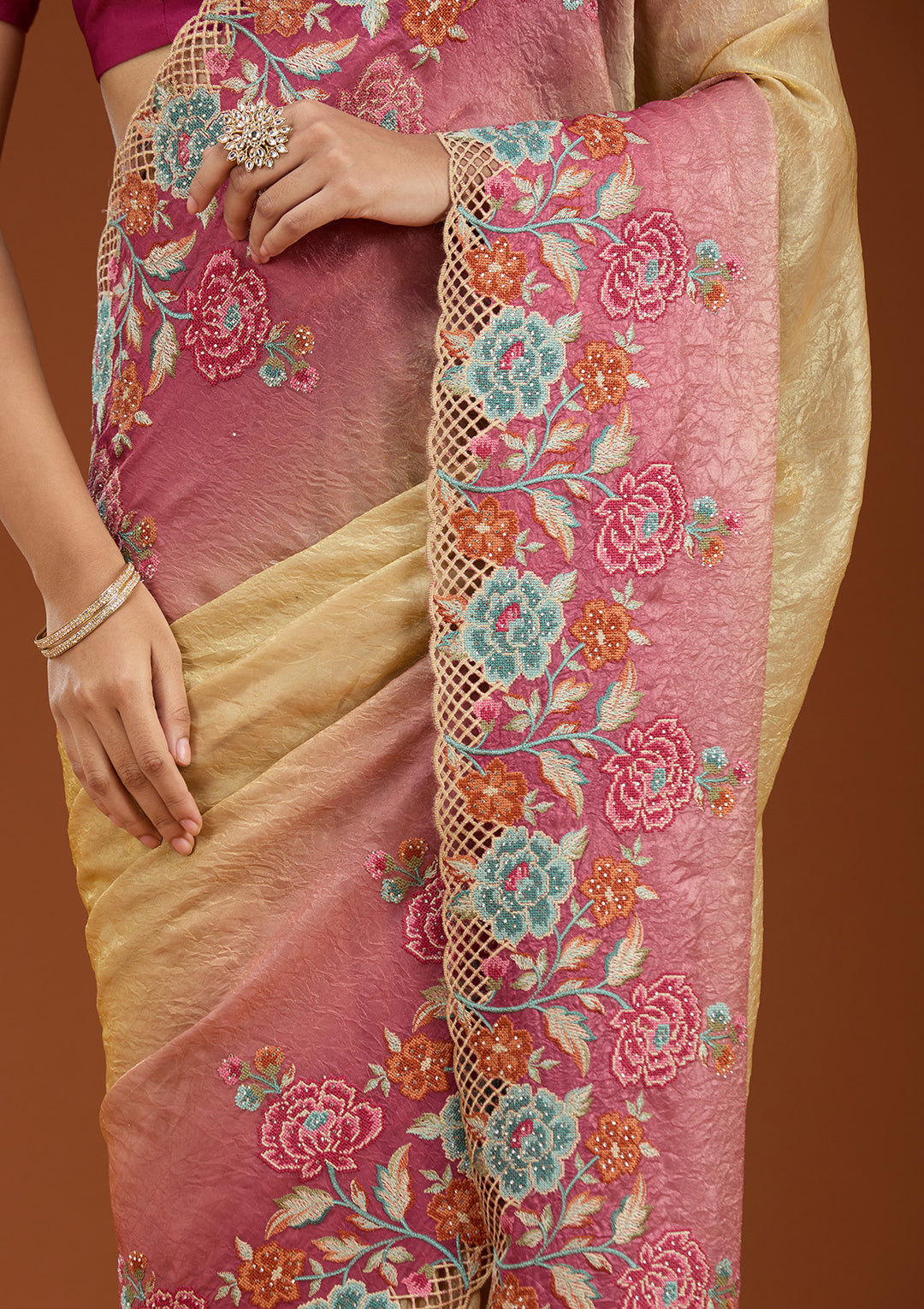 Magenta Pink Threadwork Tissue Saree