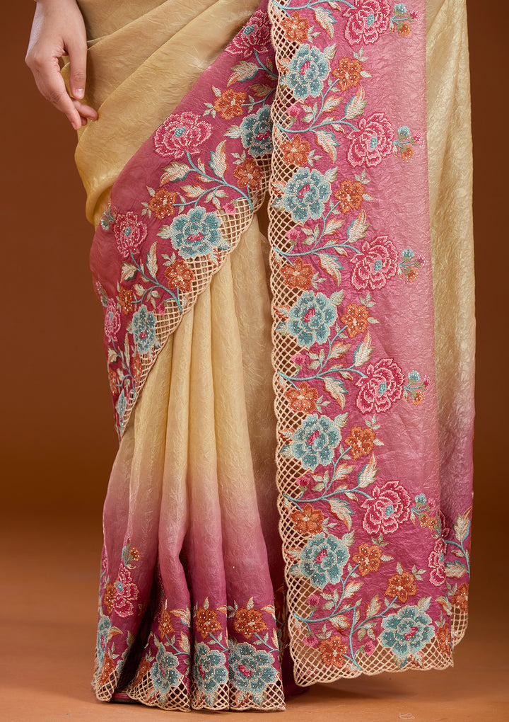 Magenta Pink Threadwork Tissue Saree