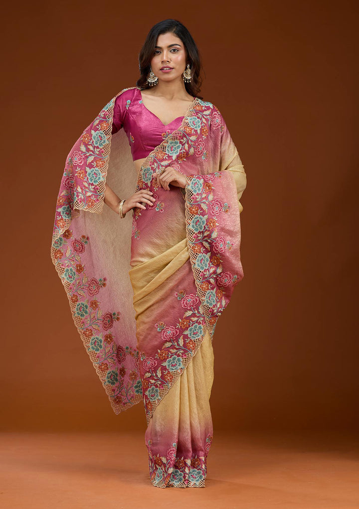 Magenta Pink Threadwork Tissue Saree